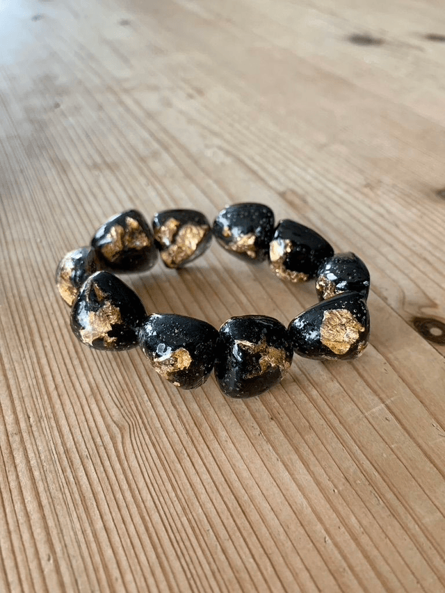 Bracelet Galets - Noir et Feuilles d'Or