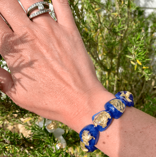 Bracelet Galets - Bleu nacré et feuilles d’or