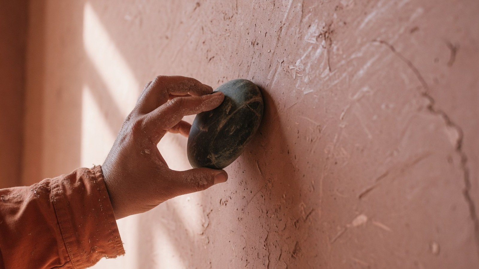 Main d'artisan pressant une pierre lisse contre un mur en plâtre chaux humide rose-terracotta, surface travaillée à la main a