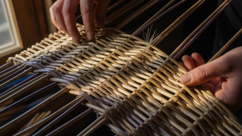 Gros plan des mains inspectant une vannerie en osier naturel dans un atelier, mettant en évidence les irrégularités et textur