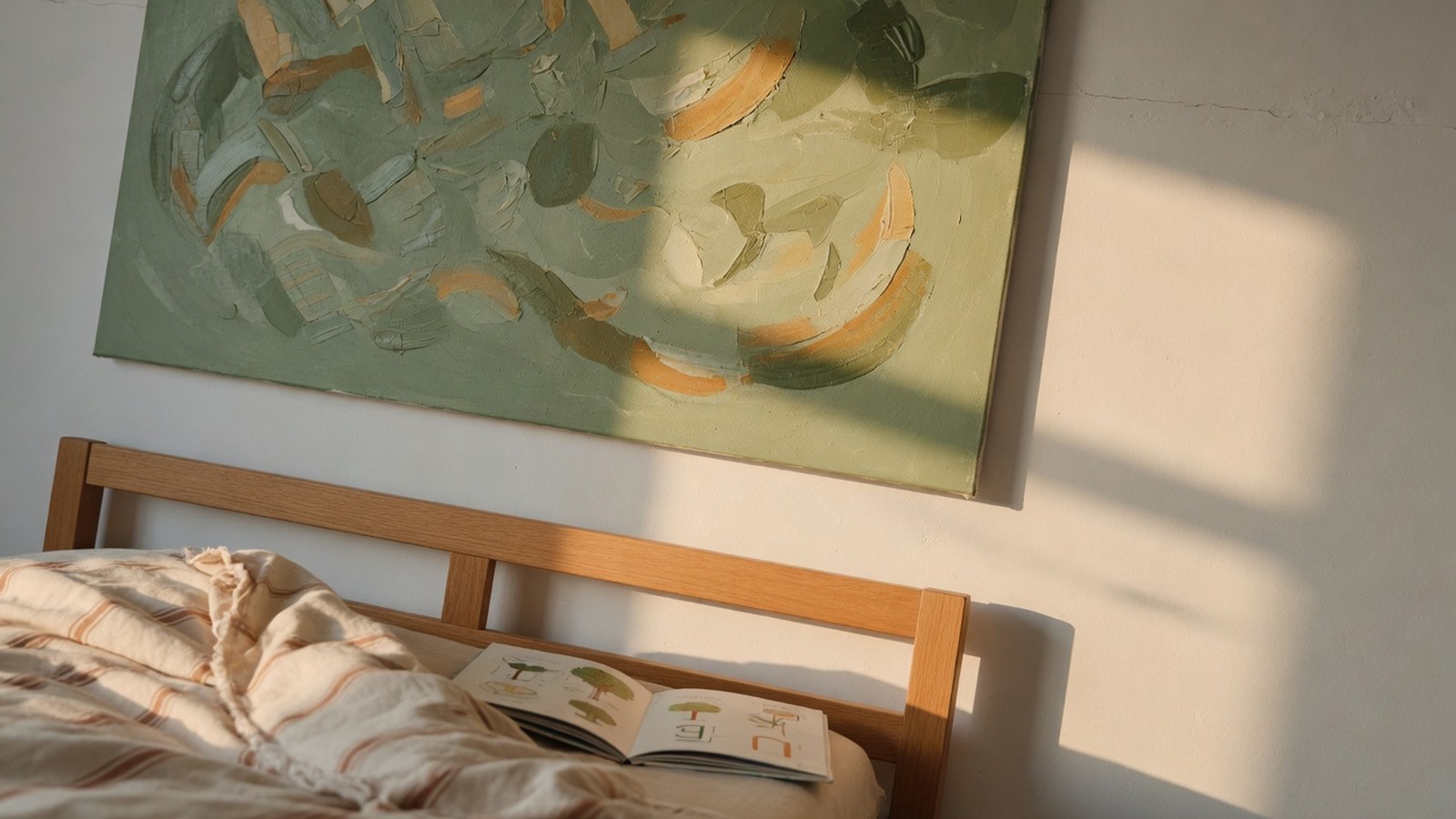 Tableau abstrait vert sauge accroché au-dessus d'une tête de lit en chêne clair sur mur blanc