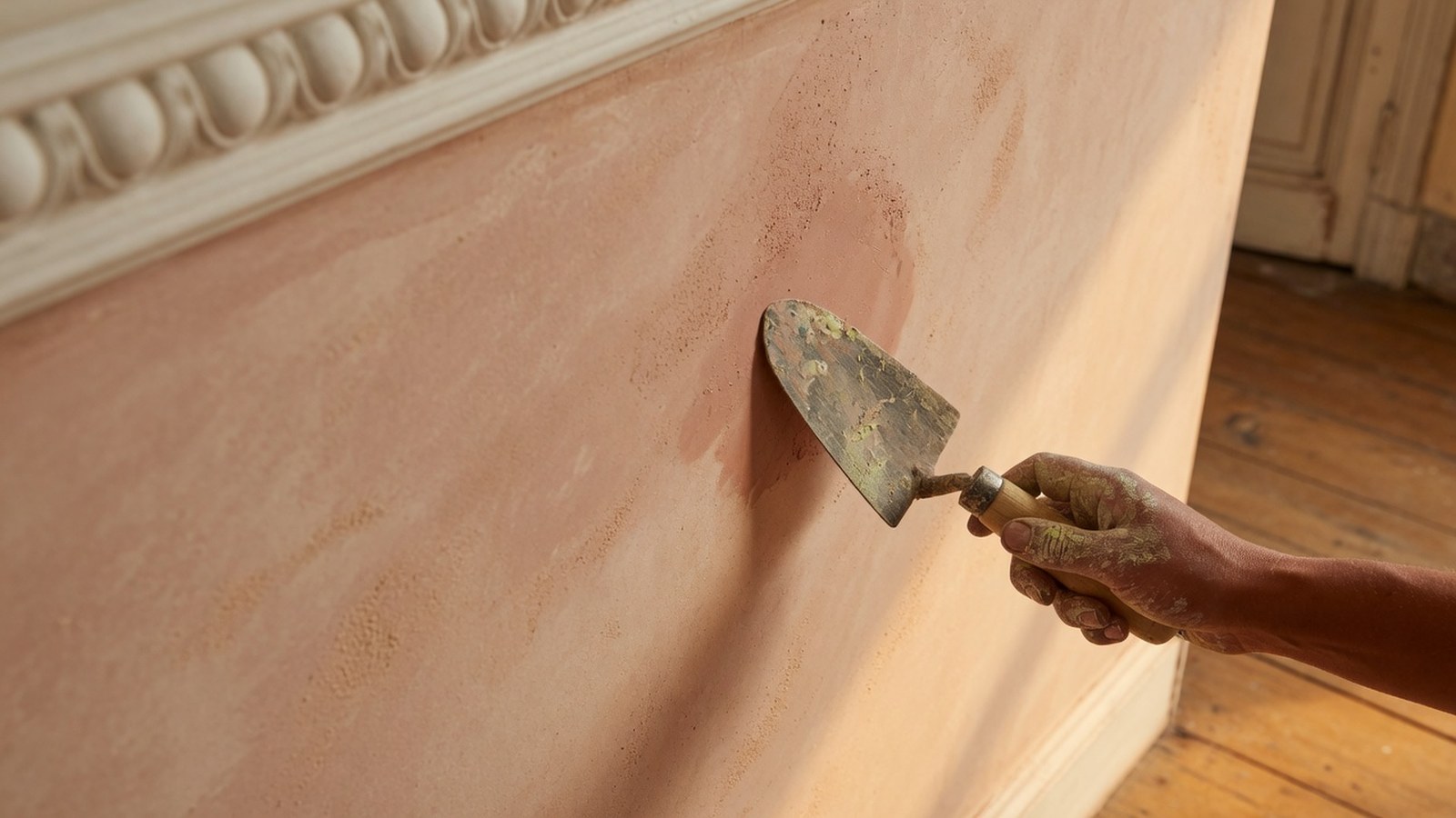Gros plan d'une surface de chaux fraîchement appliquée en teinte ocre-rose, texture minérale mate éclairée par la lumière ras