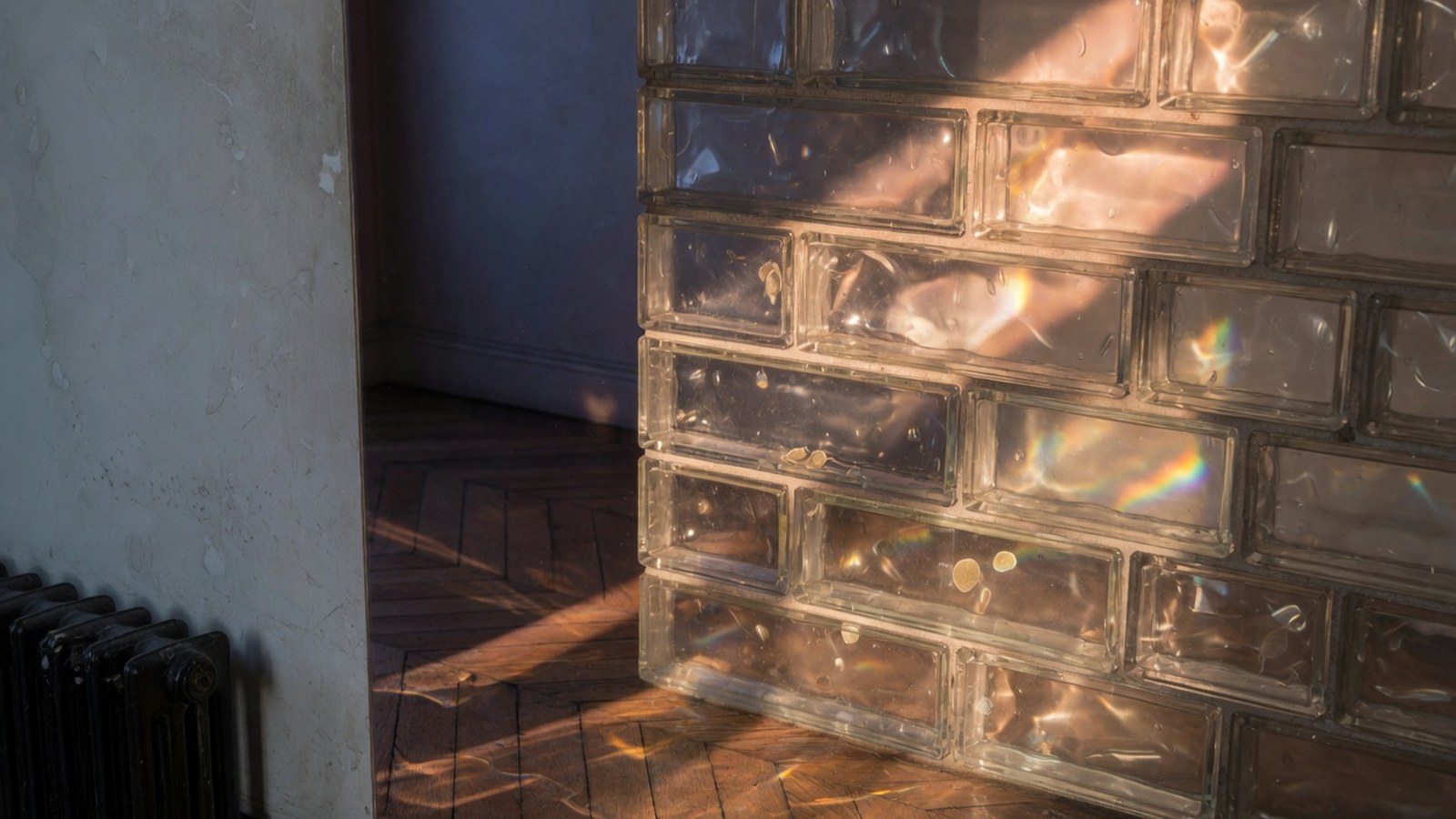 Gros plan sur un panneau de briques de verre transparent dans un couloir haussmannien, illuminé par une lumière rasante dorée