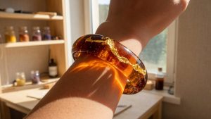 Gros plan d'un poignet levé contre une fenêtre d'atelier ensoleillée, portant un bracelet en résine ambre translucide contena