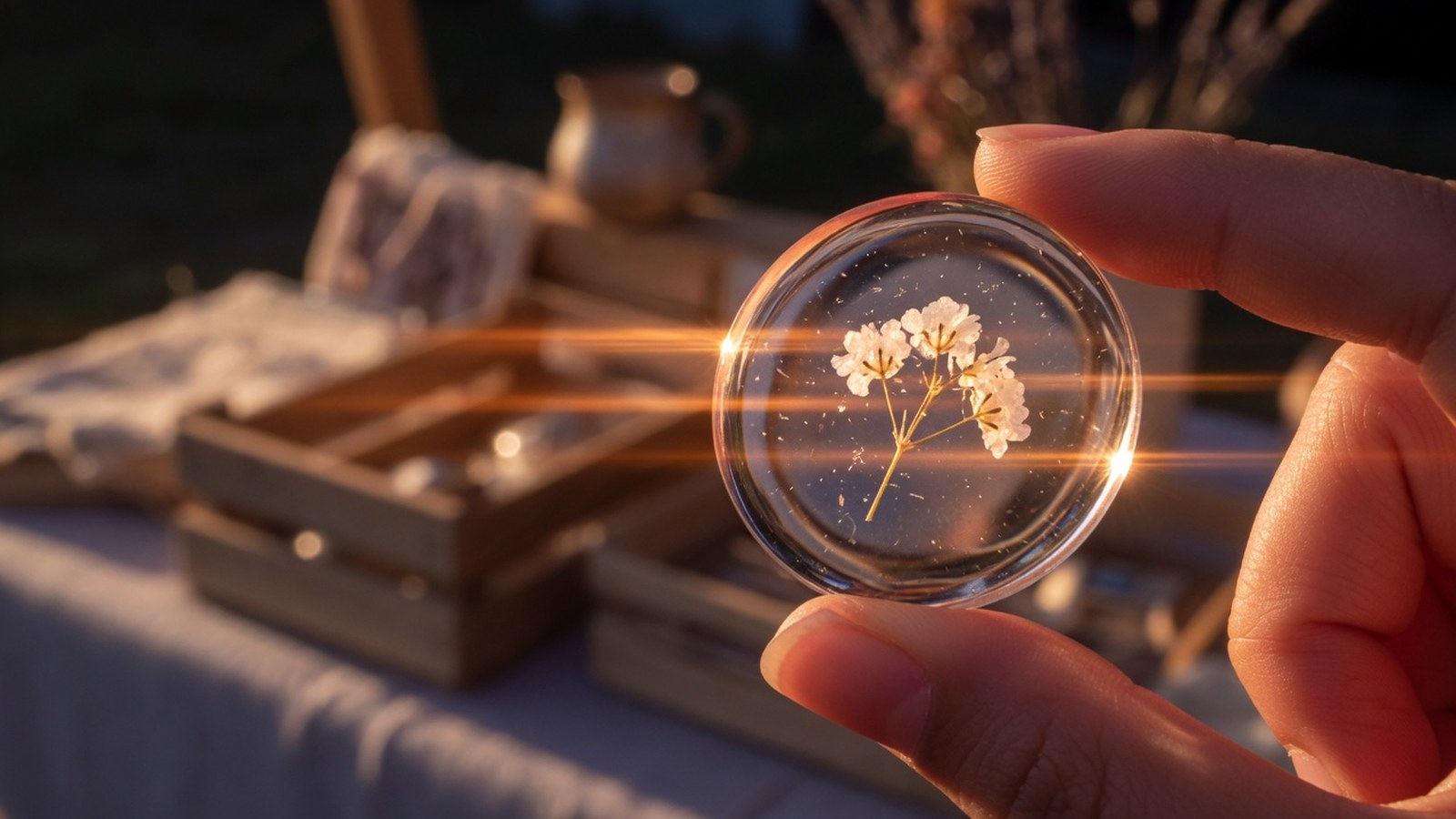 Main tenant un pendentif rond en résine avec fleur séchée blanche à l'intérieur, éclairage doré latéral mettant en lumière la