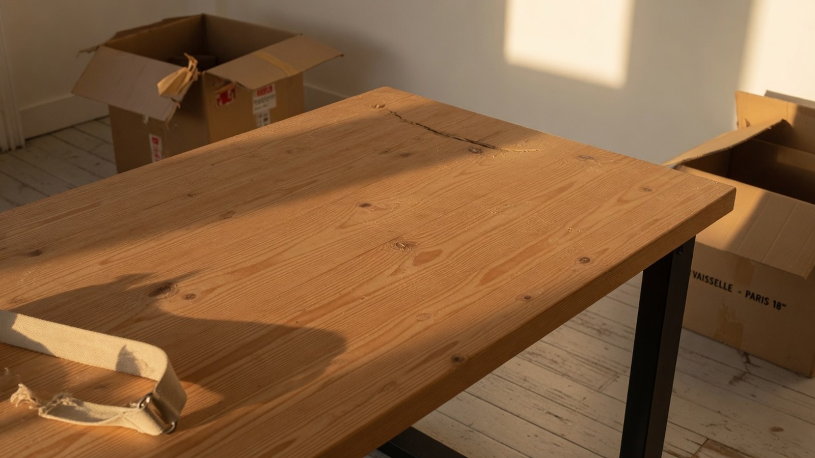 Bureau en bois brut avec grain visible, fissures et rayures, entouré de cartons de déménagement ouverts dans la lumière de fi