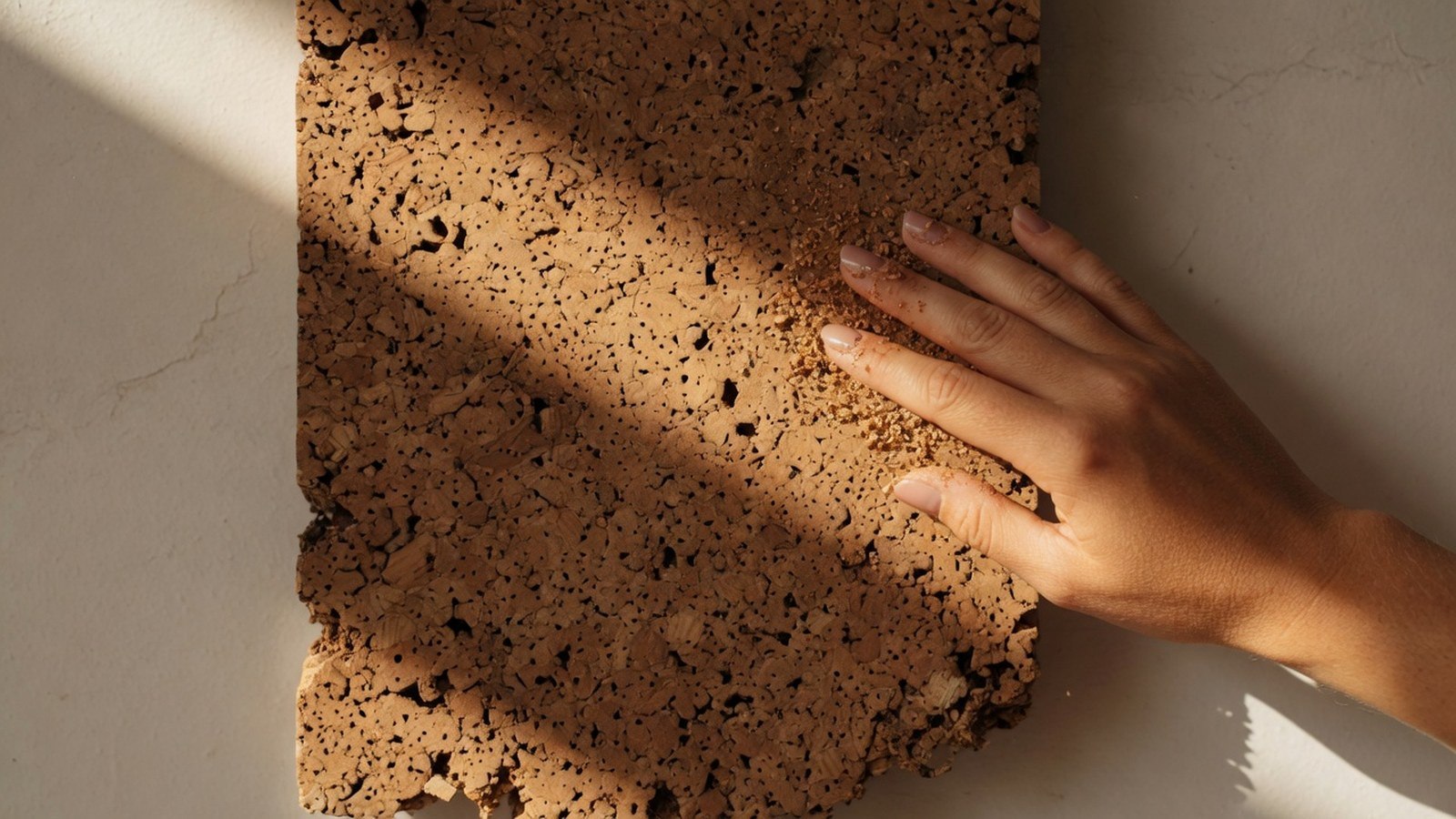 Gros plan panneau liège aggloméré contre mur, lumière rasante révélant pores et granules, tonalités miel à brun
