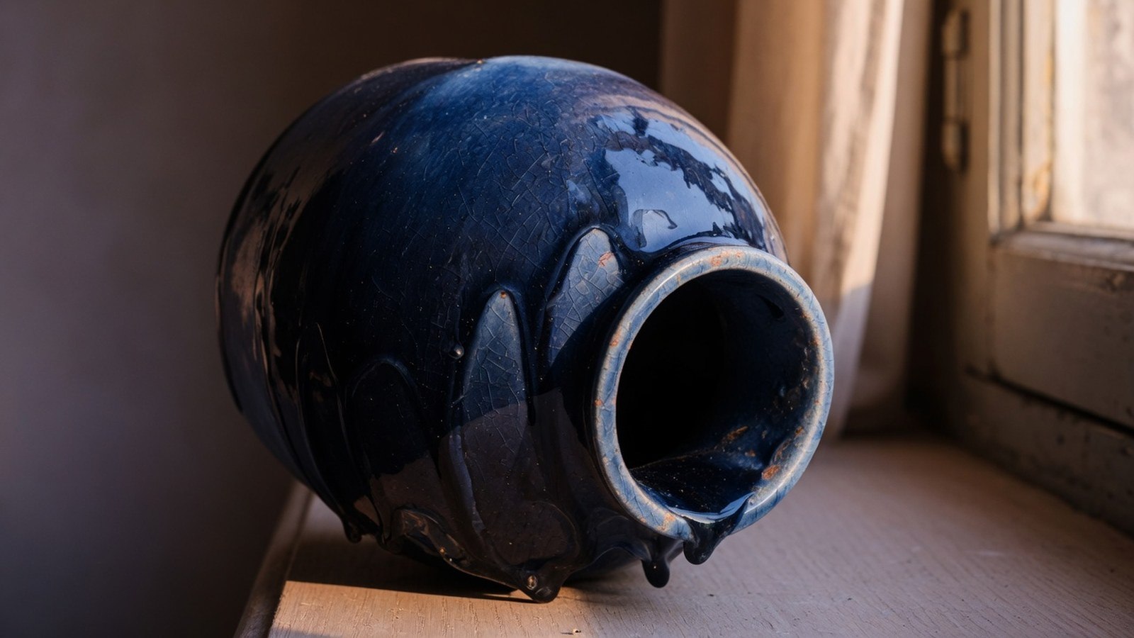 Vase en céramique bleu marine glacé photographié en gros plan, lumière rasante mettant en avant les reliefs de la glaçure.