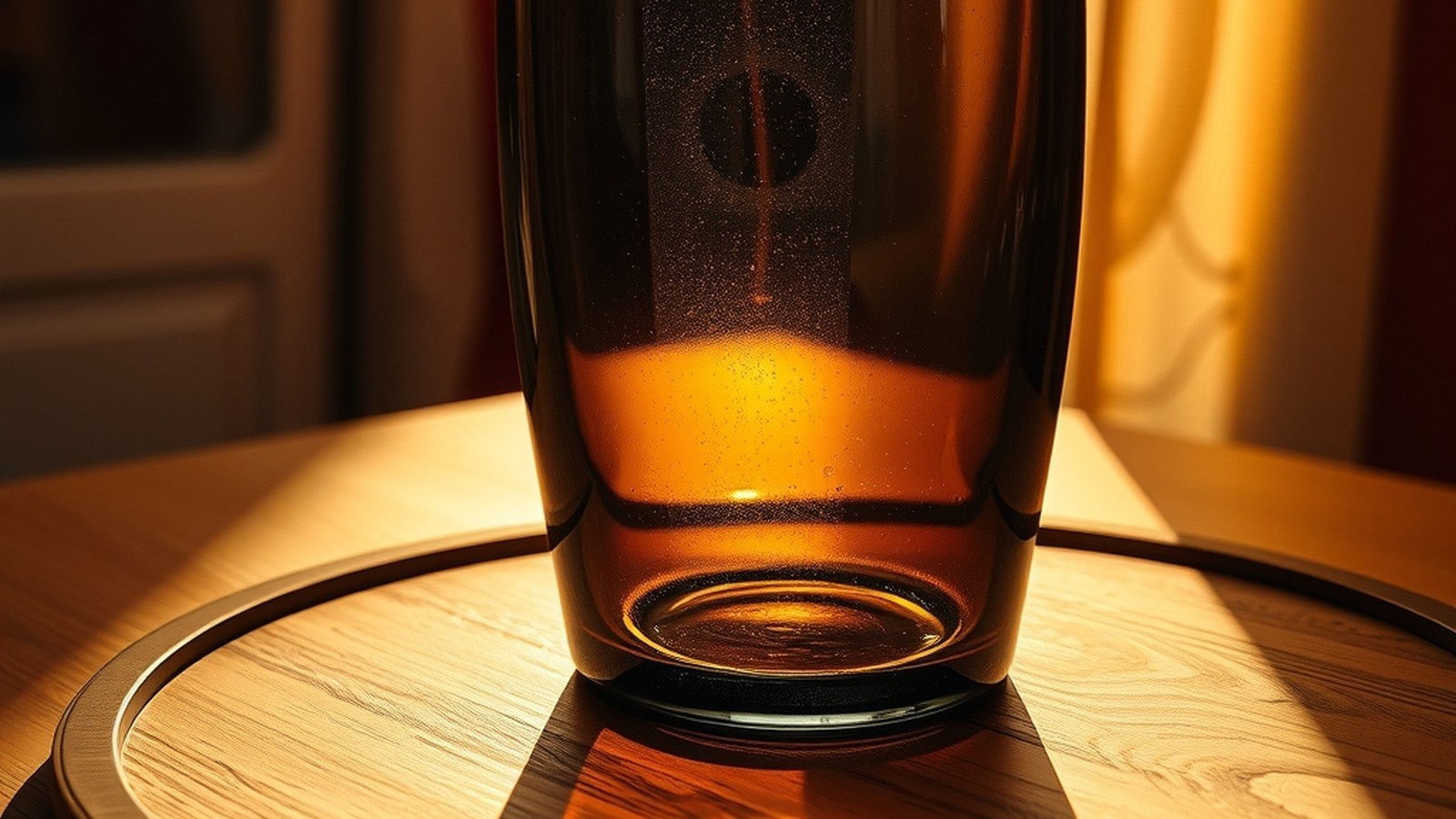 Vase en verre fumé gris-brun sur plateau bois clair, éclairage rasant doré créant une ombre translucide caramel