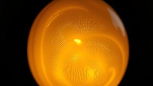 Gros plan d'une lampe en cire d'abeille éclairée de l'intérieur, montrant sa texture translucide, sur fond sombre flou.