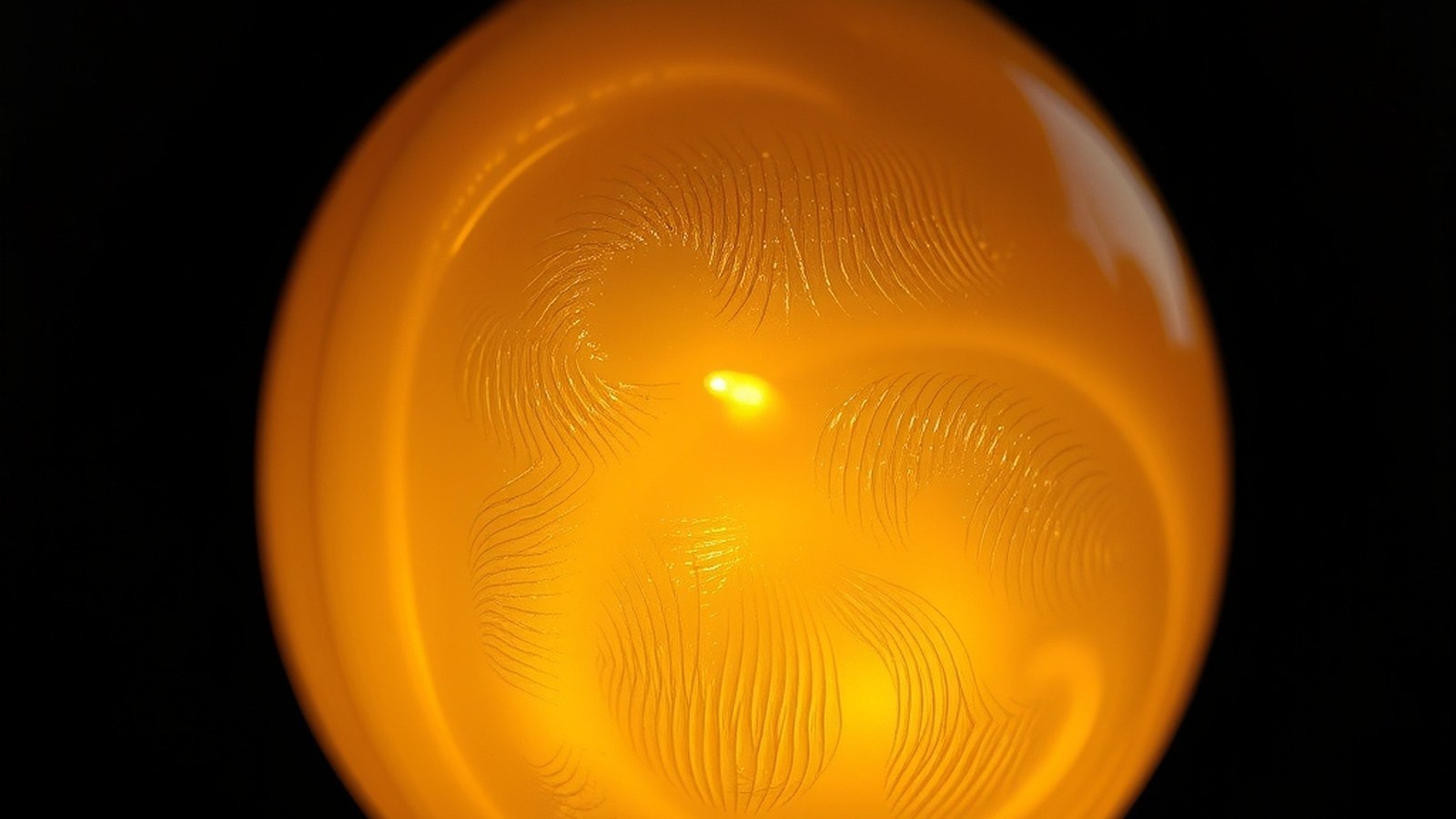 Gros plan d'une lampe en cire d'abeille éclairée de l'intérieur, montrant sa texture translucide, sur fond sombre flou.