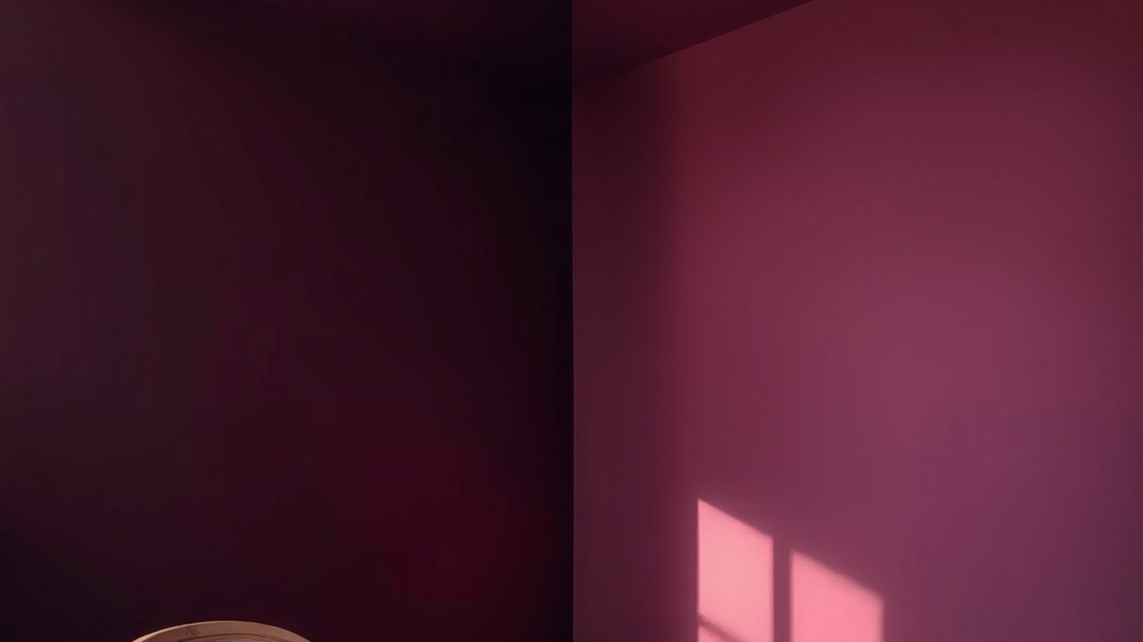 Coin de chambre entièrement peint en aubergine foncé uniforme, murs, plafond et plinthe du même ton mat
