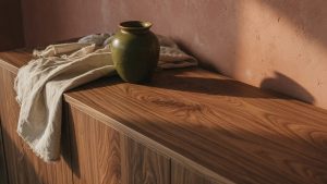 Buffet en noyer massif, gros plan sur le grain du bois illuminé par la lumière rasante d'après-midi, salon français.