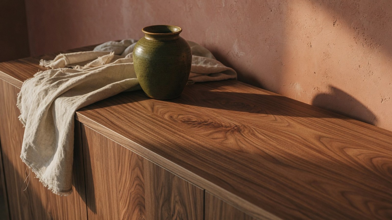 Buffet en noyer massif, gros plan sur le grain du bois illuminé par la lumière rasante d'après-midi, salon français.