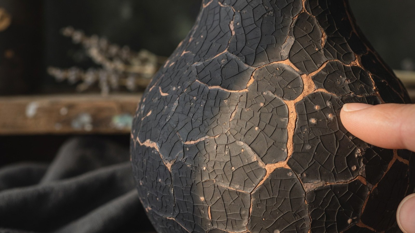 Vase en céramique raku noir, réseau de craquelures remplies de suie, éclairage rasant mettant en relief la texture.