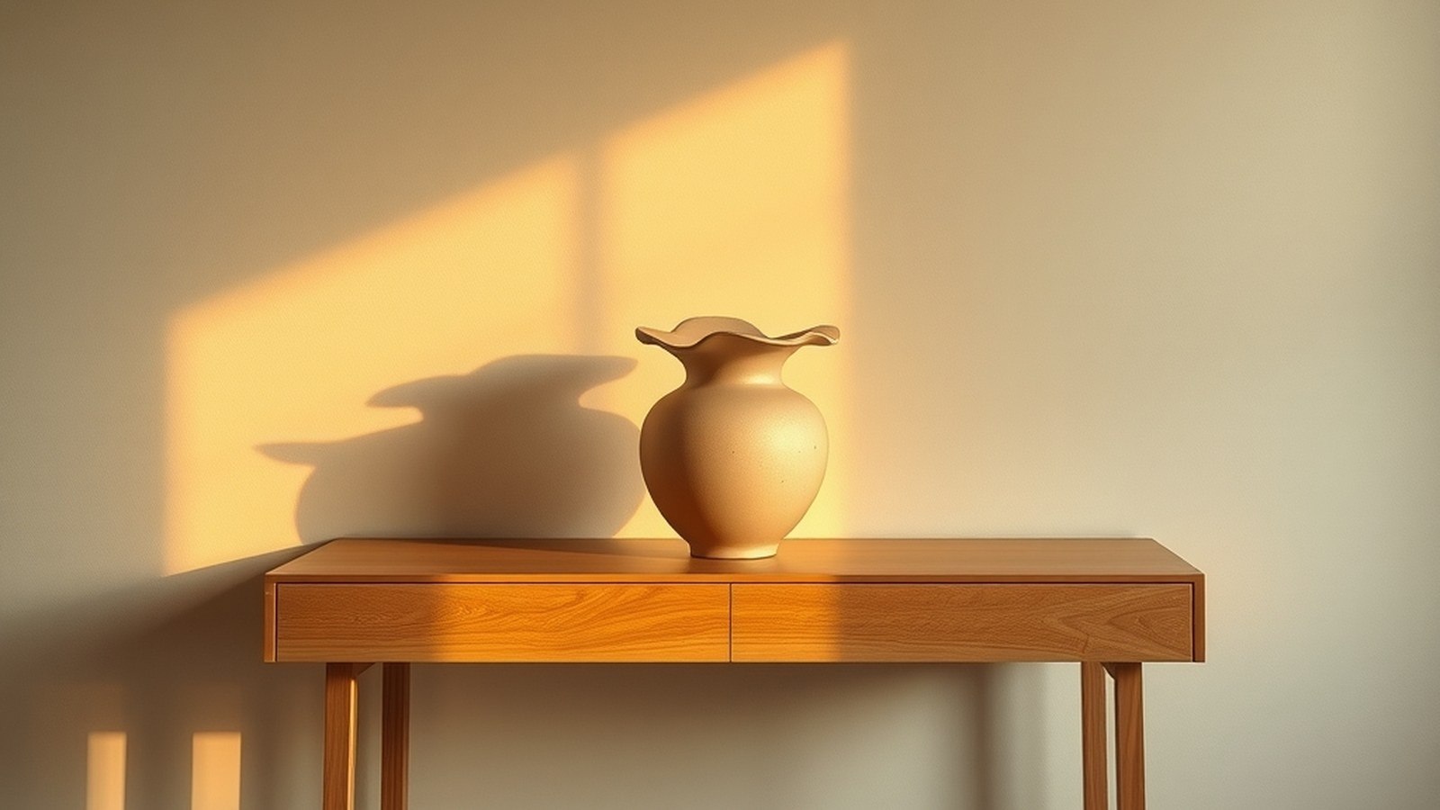Vase en céramique bombée aux formes galbées, posé sur console bois clair, mur crème, lumière latérale rasante.
