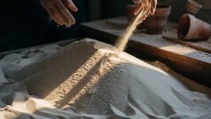 Flux de sable fin illuminé par rayon de lumière rasante en atelier sombre, mains floues aux bords du cadre.