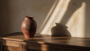 Vase céramique texturé terracotta-ombre sur enfilade bois foncé, mur plâtre clair, lumière rasante fin d'après-midi