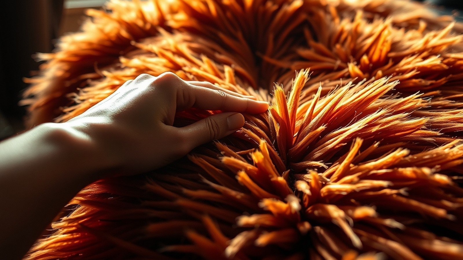 Main écartant les fibres longues d'une fourrure synthétique terracotta, révélant la base tissée, éclairée par une lumière ras