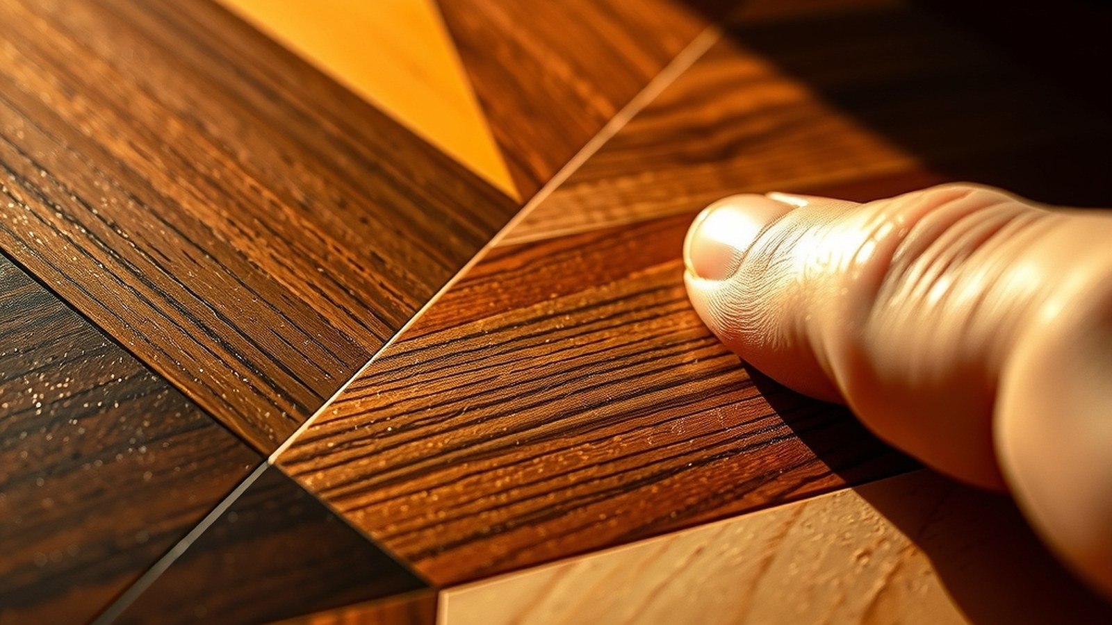 Gros plan d'un panneau de marqueterie géométrique en bois avec filets de laiton, éclairé par la lumière latérale dorée.