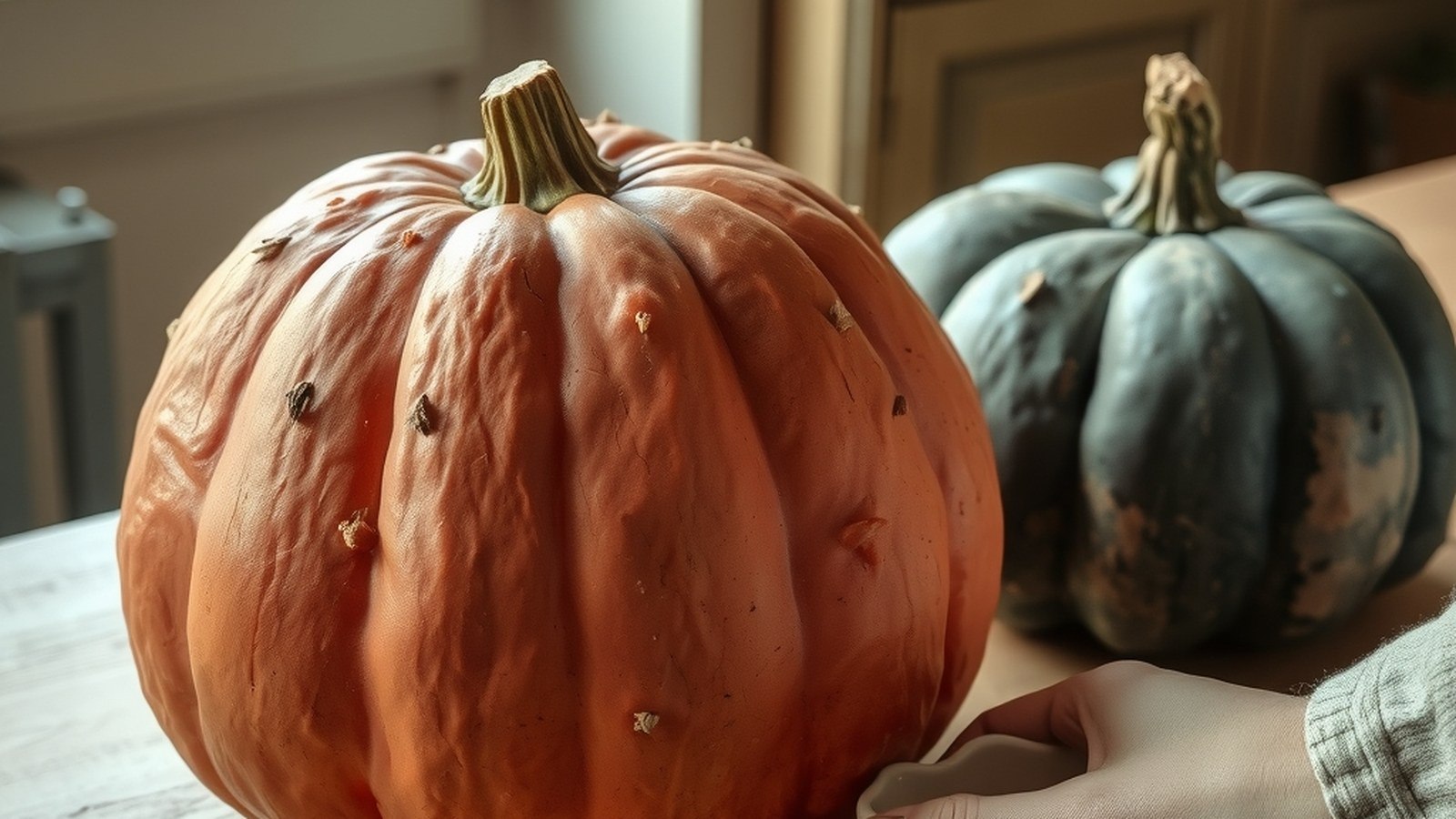 Courge Galeuse d'Eysines à peau rose saumon et excroissances rugueuses, posée sur un buffet en chêne clair.
