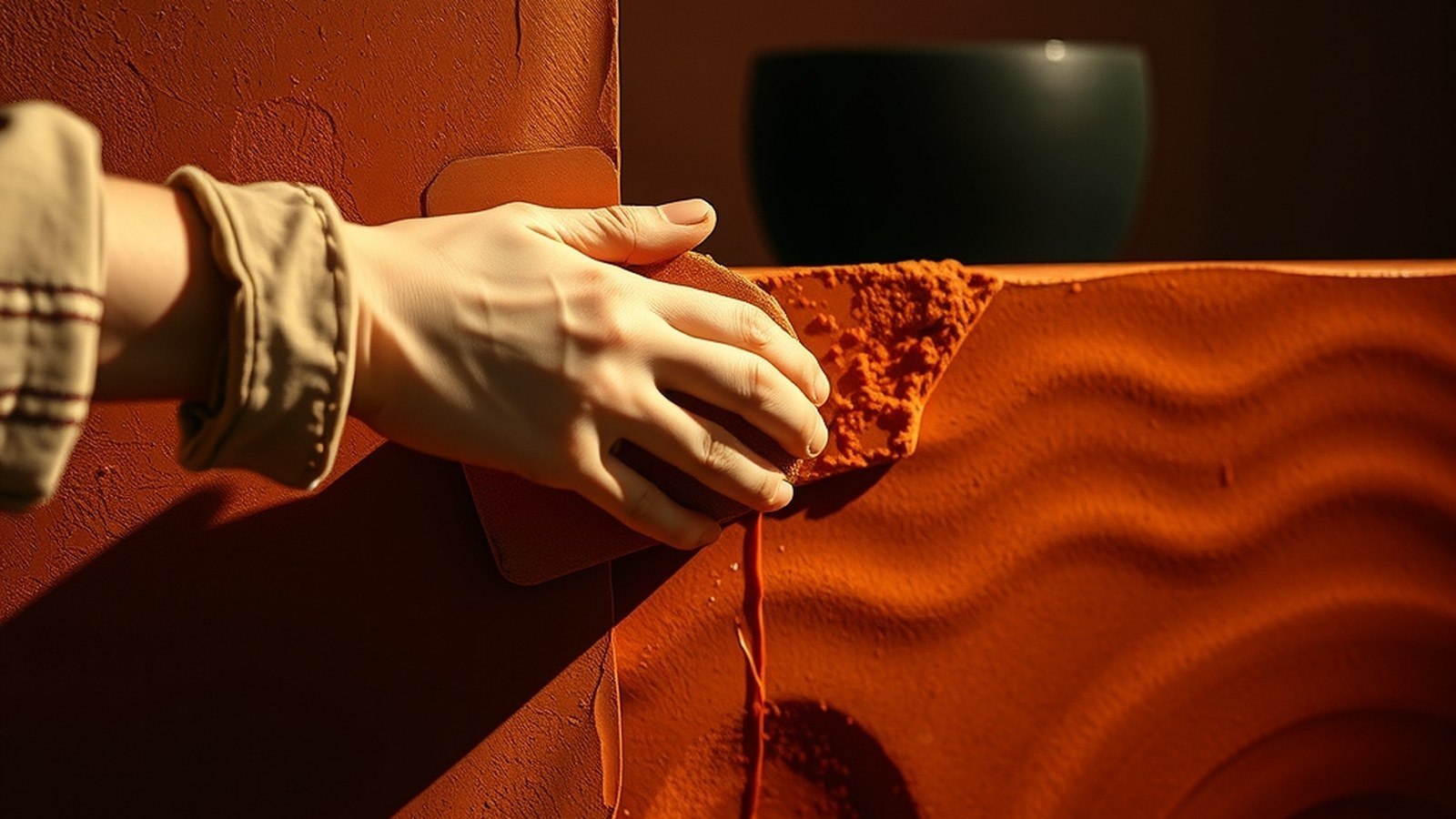 Main enduite de plâtre polissant un mur tadelakt terracotta avec un galet lisse. Surface mouillée et brillante en gros plan.