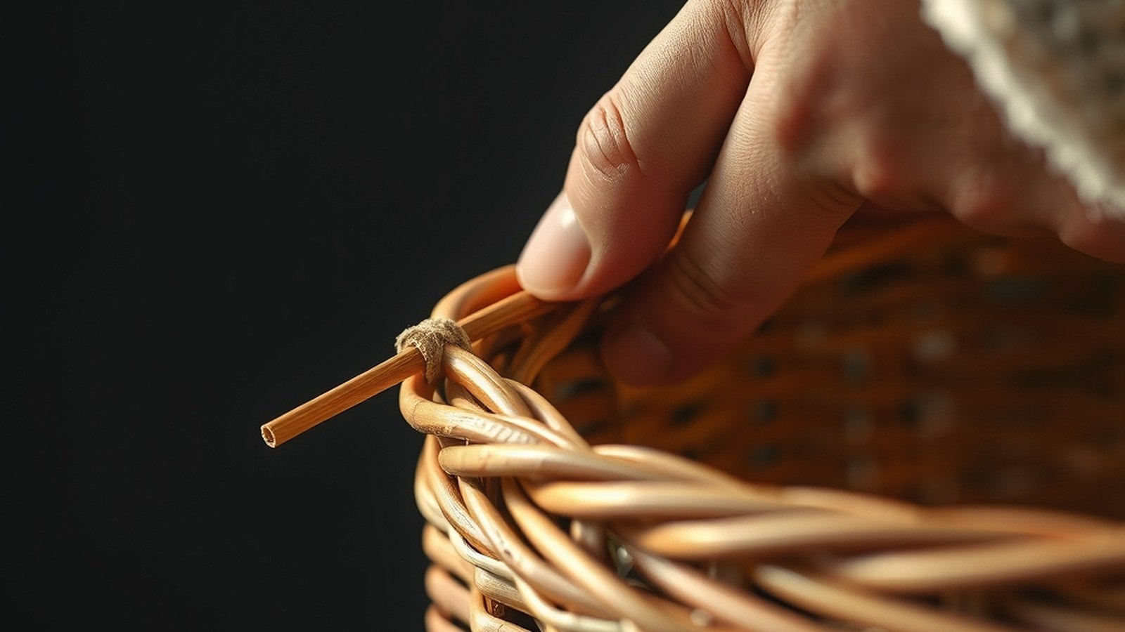 Main glissant une tige de saule dans un panier en osier tressé, lumière rasante