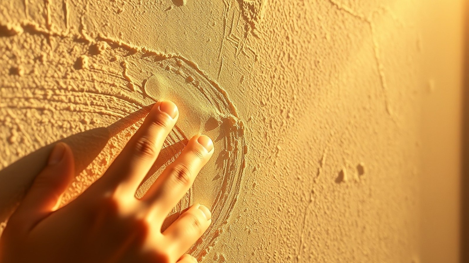 Main effleurant un mur à enduit crépi texturé en gros plan, lumière latérale rasante