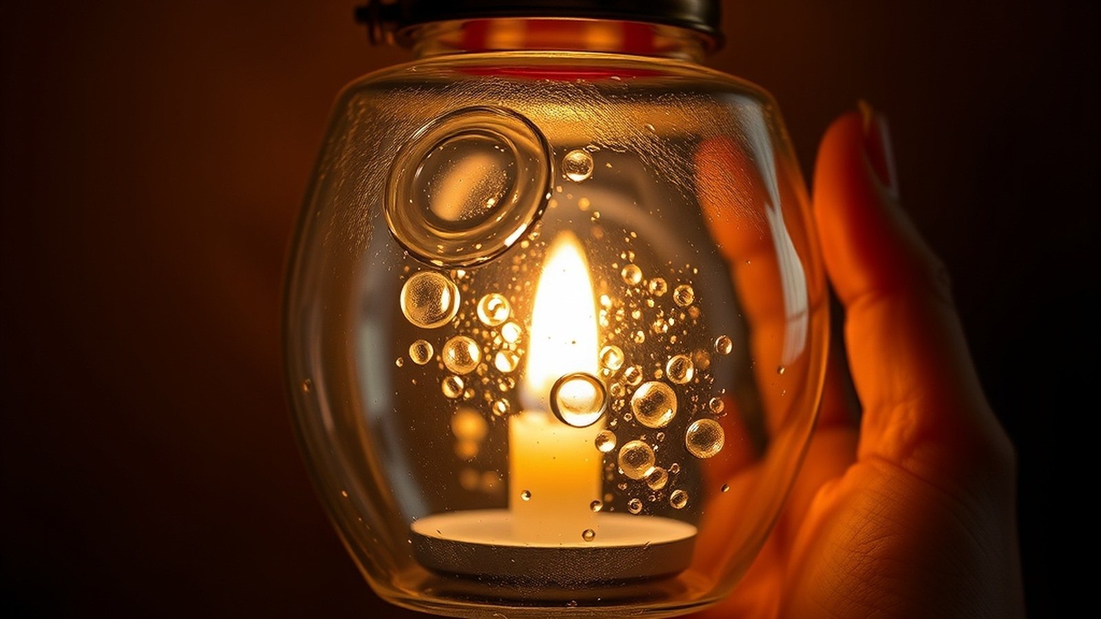 Main tenant une lanterne en verre avec bougie allumée, doigt posé sur le rebord, fond brun sombre, lumière chaude.