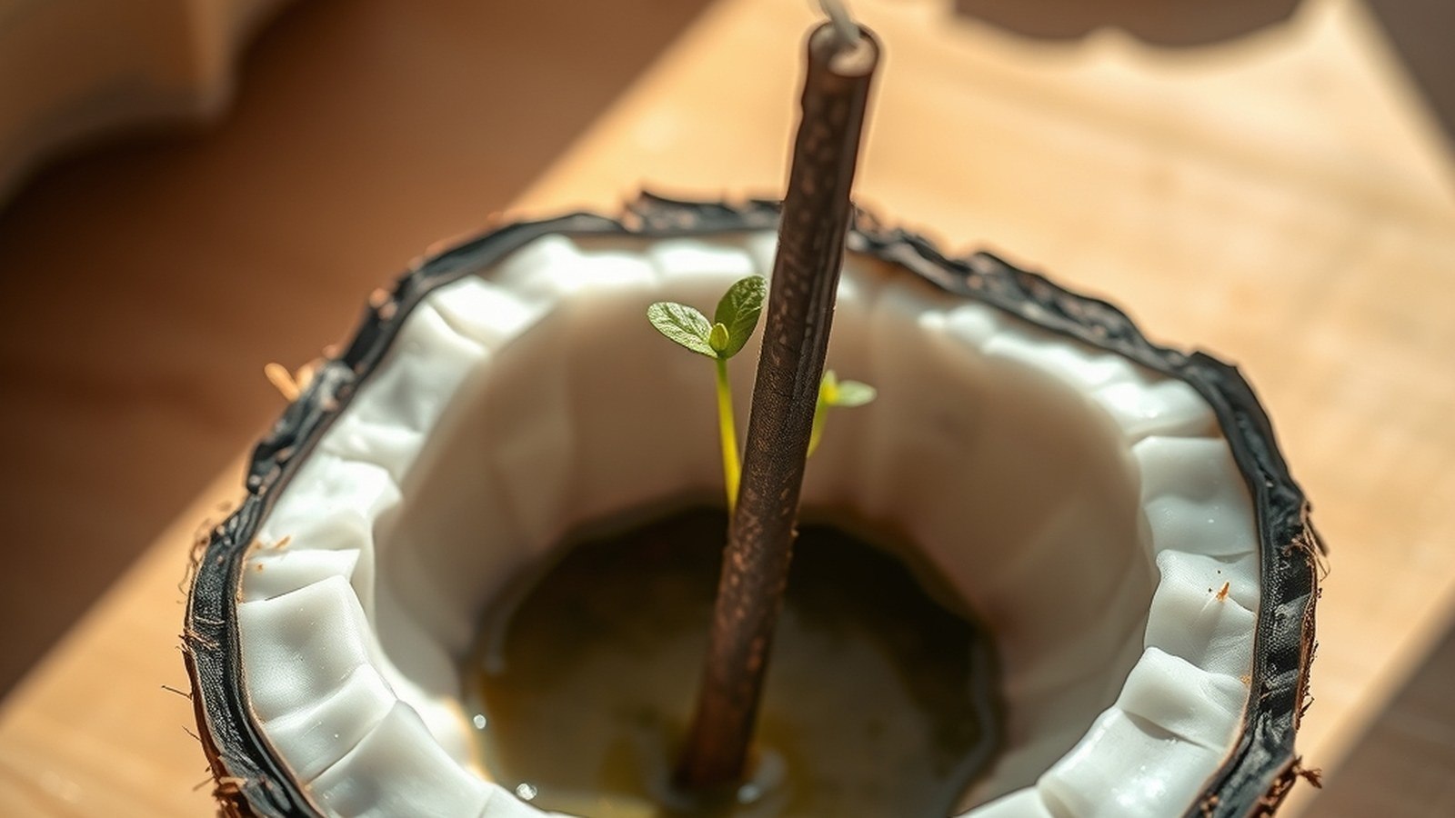 Demi-coque de noix de coco remplie de cire avec mèche en bois carbonisé et jeunes pousses vertes, plan de travail en bois mie