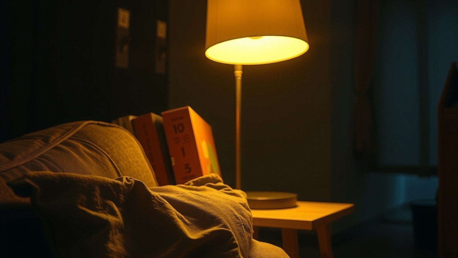 Lampe de table éclairant un coussin en lin et du bois clair d'une lueur dorée, le reste du salon en ombre.