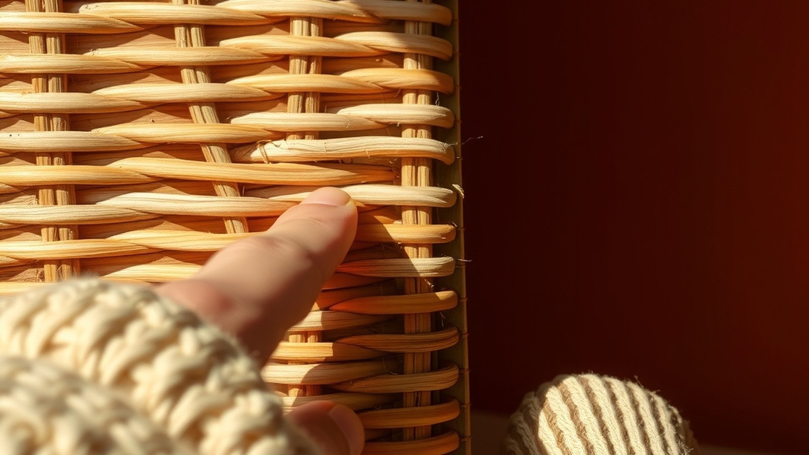 Détail d'un tressage de rotin naturel éclairé en lumière rasante, montrant les fibres individuelles et une main en pull
