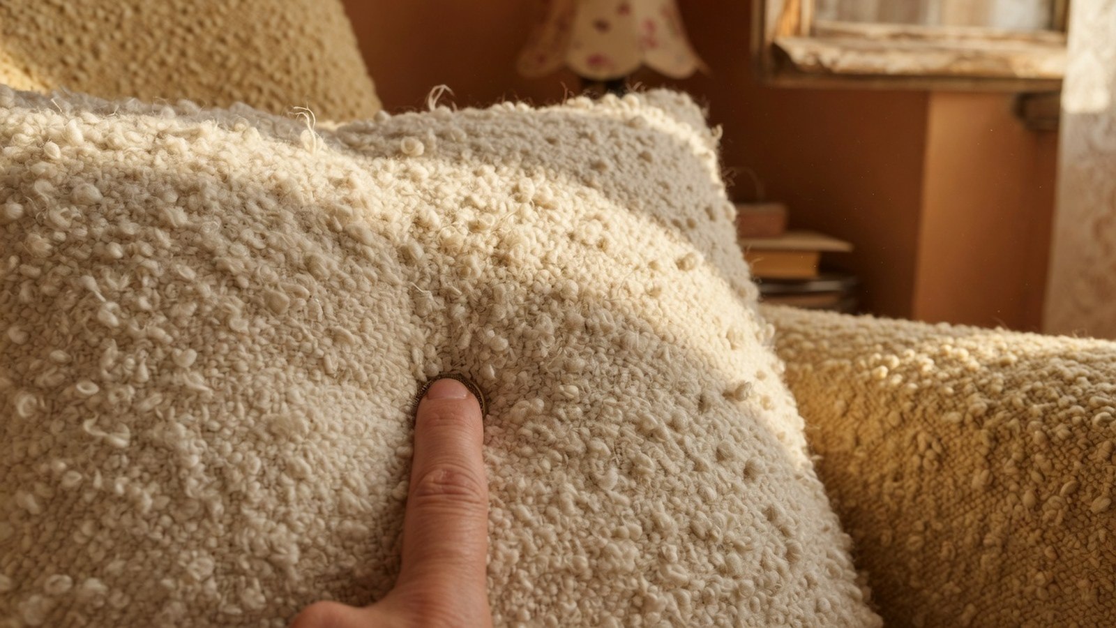 Détail d'une main appuyant sur un coussin en maille bouclée, comprimant les fibres du tricot.