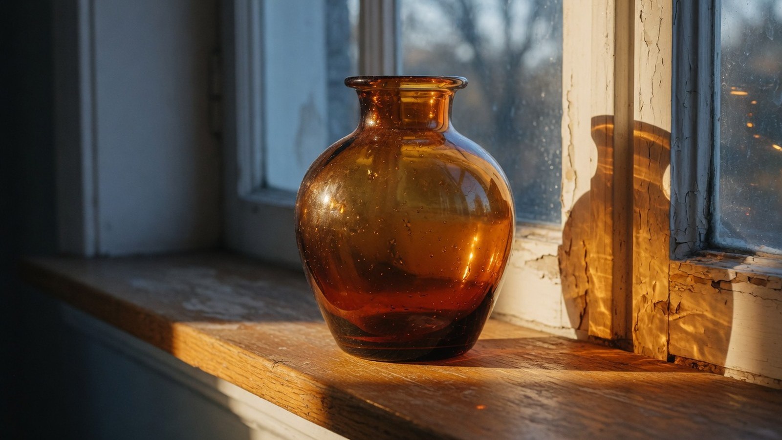 Vase en verre ambré aux formes arrondies sur rebord de fenêtre, illuminé par la lumière rasante d'octobre en dégradé caramel.