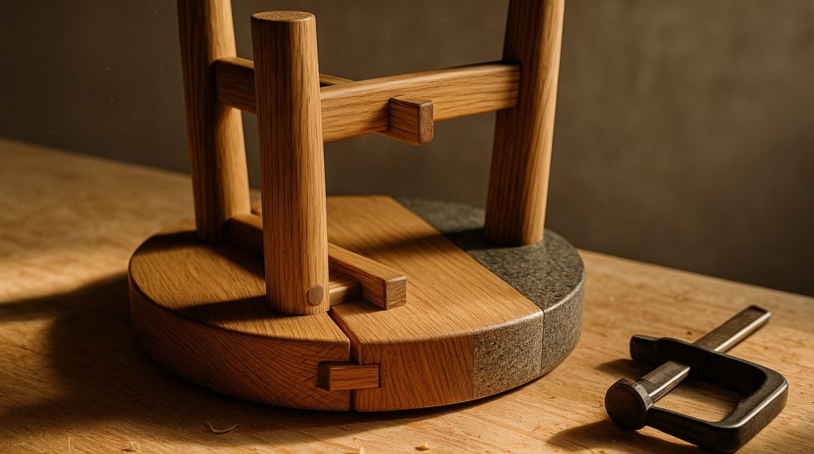 Tabouret retourné sur table en contreplaqué, assemblage mortaise-tenon en bois naturel et section résine