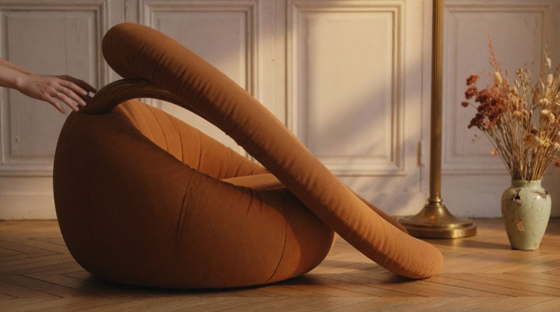 Fauteuil enveloppant courbe en tissu côtelé rouille, mains sur l'accoudoir, vue latérale sur parquet en chevrons