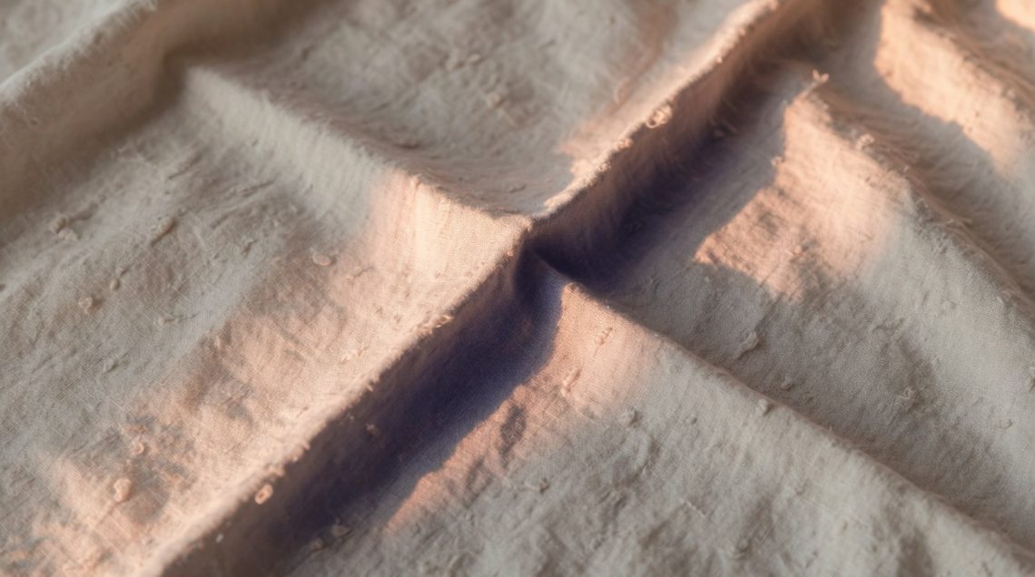 Gros plan d'une main froissant un panneau de lin lavé en lumière rasante, révélant les irrégularités et plis du tissu en tons