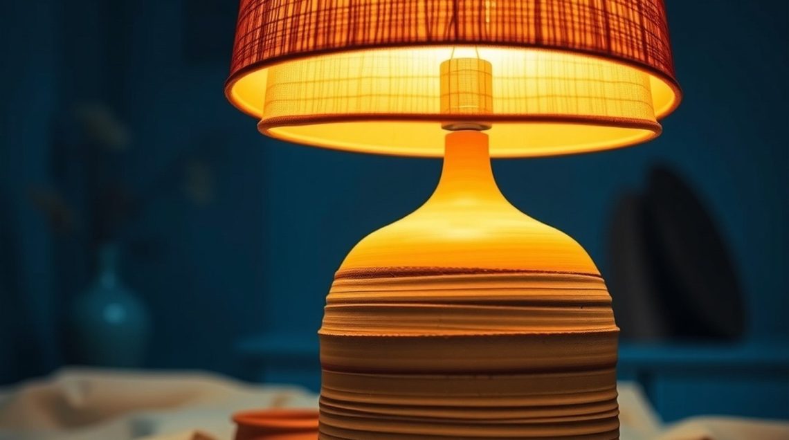 Lampe de table en argile brute aux striations visibles, base dense avec diffuseur en papier ambré