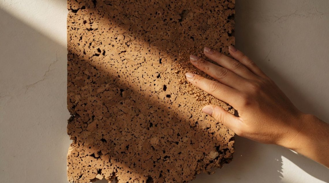 Gros plan panneau liège aggloméré contre mur, lumière rasante révélant pores et granules, tonalités miel à brun