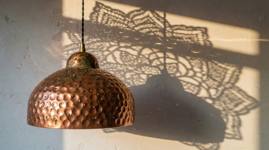Lampe suspendue en cuivre martelé aux facettes irrégulières, main, mur blanchi à la chaux, lumière rasante