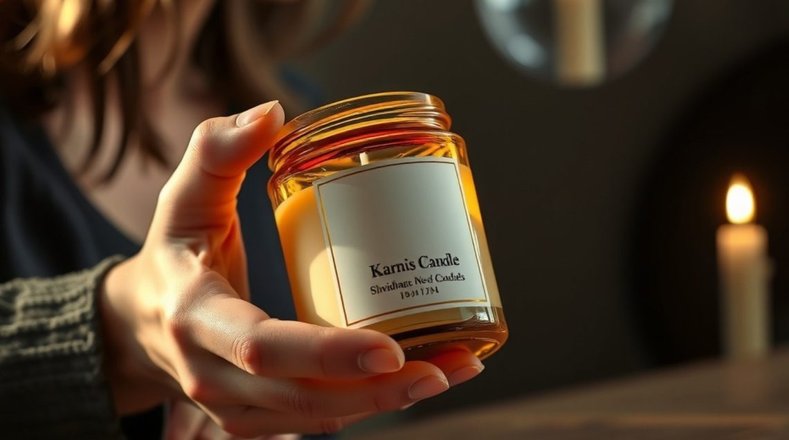 Femme lisant l'étiquette d'une bougie en verre sur table en bois, gros plan éditorial, lumière latérale