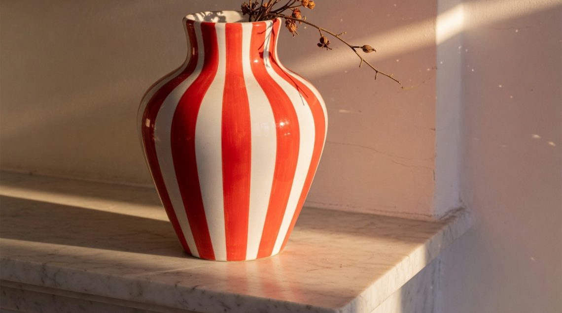 Vase en céramique blanc et rouge rayé, posé sur une étagère en marbre, éclairé par la lumière latérale.