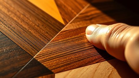 Gros plan d'un panneau de marqueterie géométrique en bois avec filets de laiton, éclairé par la lumière latérale dorée.