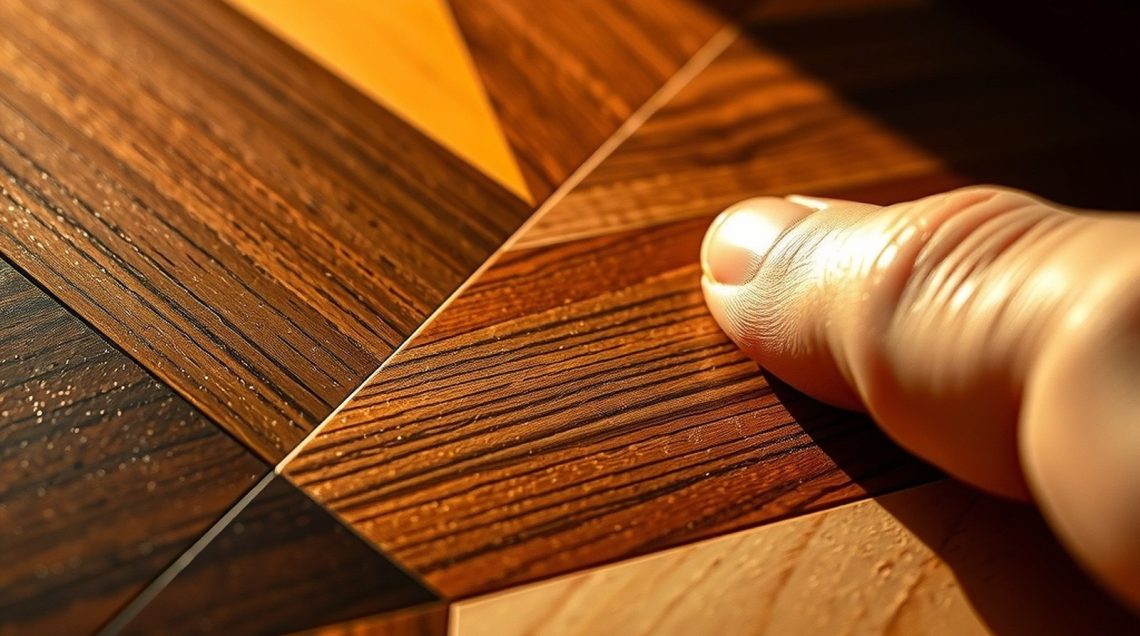 Gros plan d'un panneau de marqueterie géométrique en bois avec filets de laiton, éclairé par la lumière latérale dorée.
