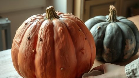 Courge Galeuse d'Eysines à peau rose saumon et excroissances rugueuses, posée sur un buffet en chêne clair.