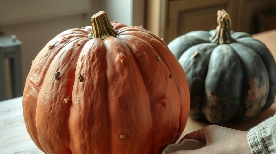 Courge Galeuse d'Eysines à peau rose saumon et excroissances rugueuses, posée sur un buffet en chêne clair.