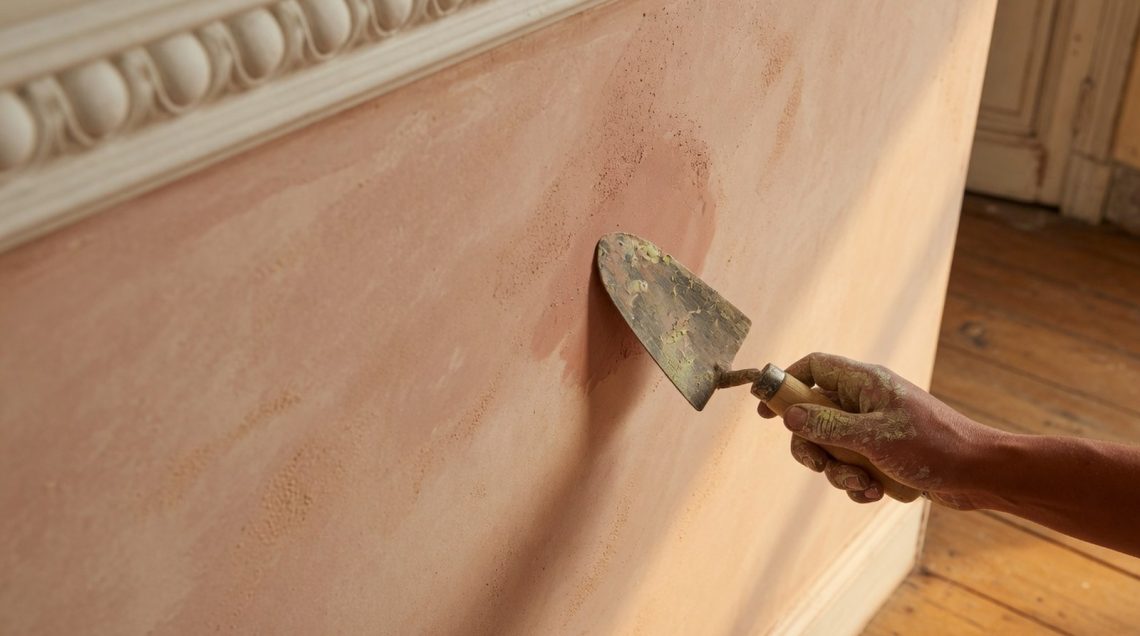 Gros plan d'une surface de chaux fraîchement appliquée en teinte ocre-rose, texture minérale mate éclairée par la lumière ras