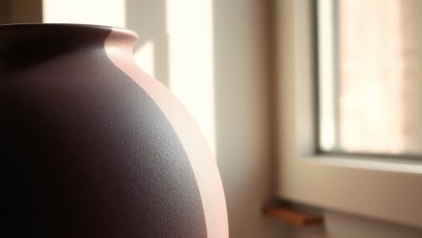 Vase en céramique mate teinte aubergine foncée, texture granuleuse avec craquelures, lumière rasante d'après-midi près d'une