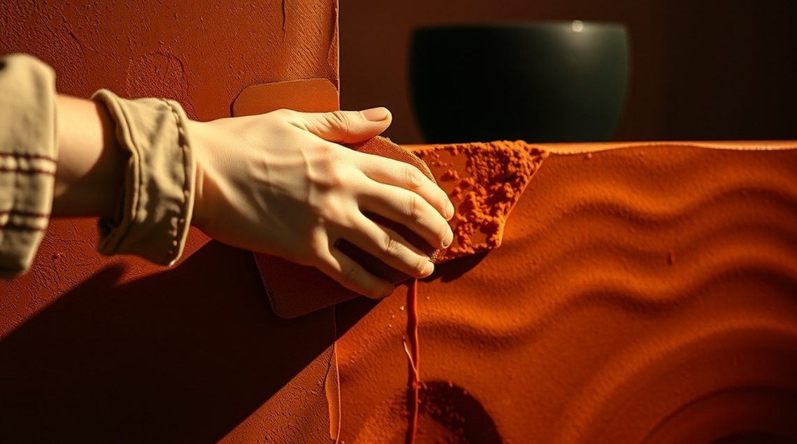 hero-20 Main enduite de plâtre polissant un mur tadelakt terracotta avec un galet lisse. Surface mouillée et brillante en gros plan.
