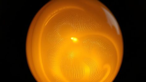 Gros plan d'une lampe en cire d'abeille éclairée de l'intérieur, montrant sa texture translucide, sur fond sombre flou.
